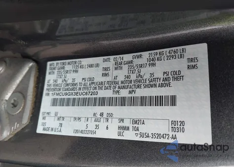 2014 Ford Escape Se z USA, uszkodzony, nr VIN 1FMCU9GX3EUC67203